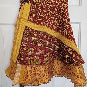 Sari Wrap Skirt, mini,Bohemian Patchwork Floral Maxi Skirt in Mustard & Burgundy